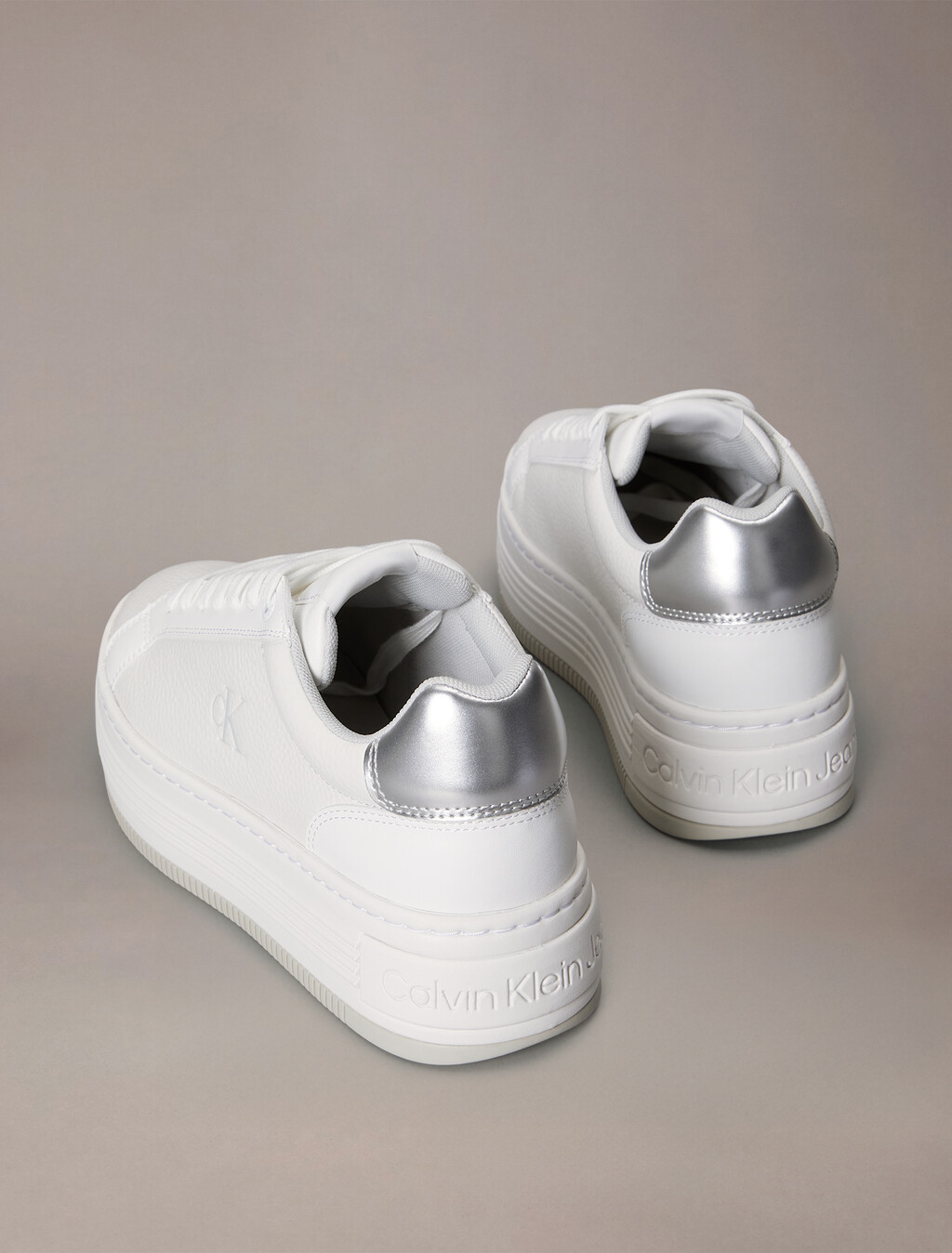 Leather Platform Trainers, Bright White/Silver, hi-res