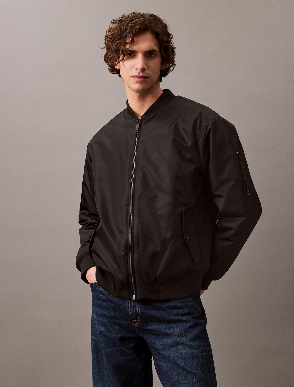 Padded Nylon Bomber Jacket, Black, hi-res