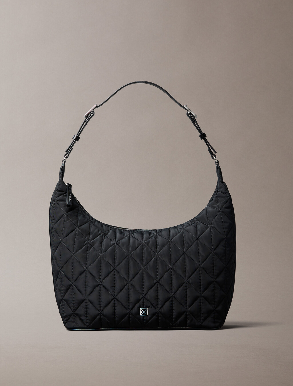 Quilted Emblem Nylon Shoulder Bag, Black, hi-res