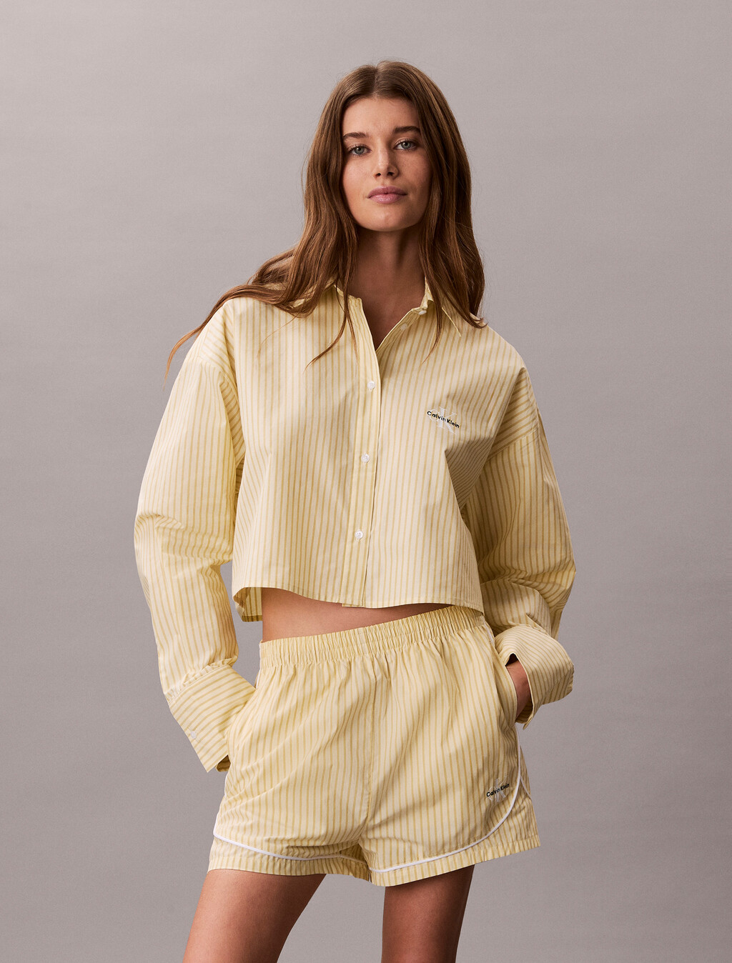 Cropped Cotton Poplin Pyjama Top, SERA STRIPE PEAR SORBET, hi-res