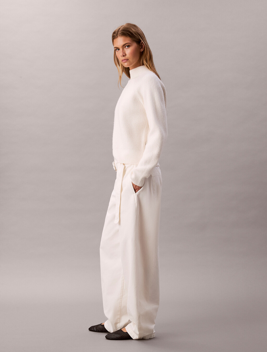 Cotton Relaxed Belted Pants, White Greige, hi-res