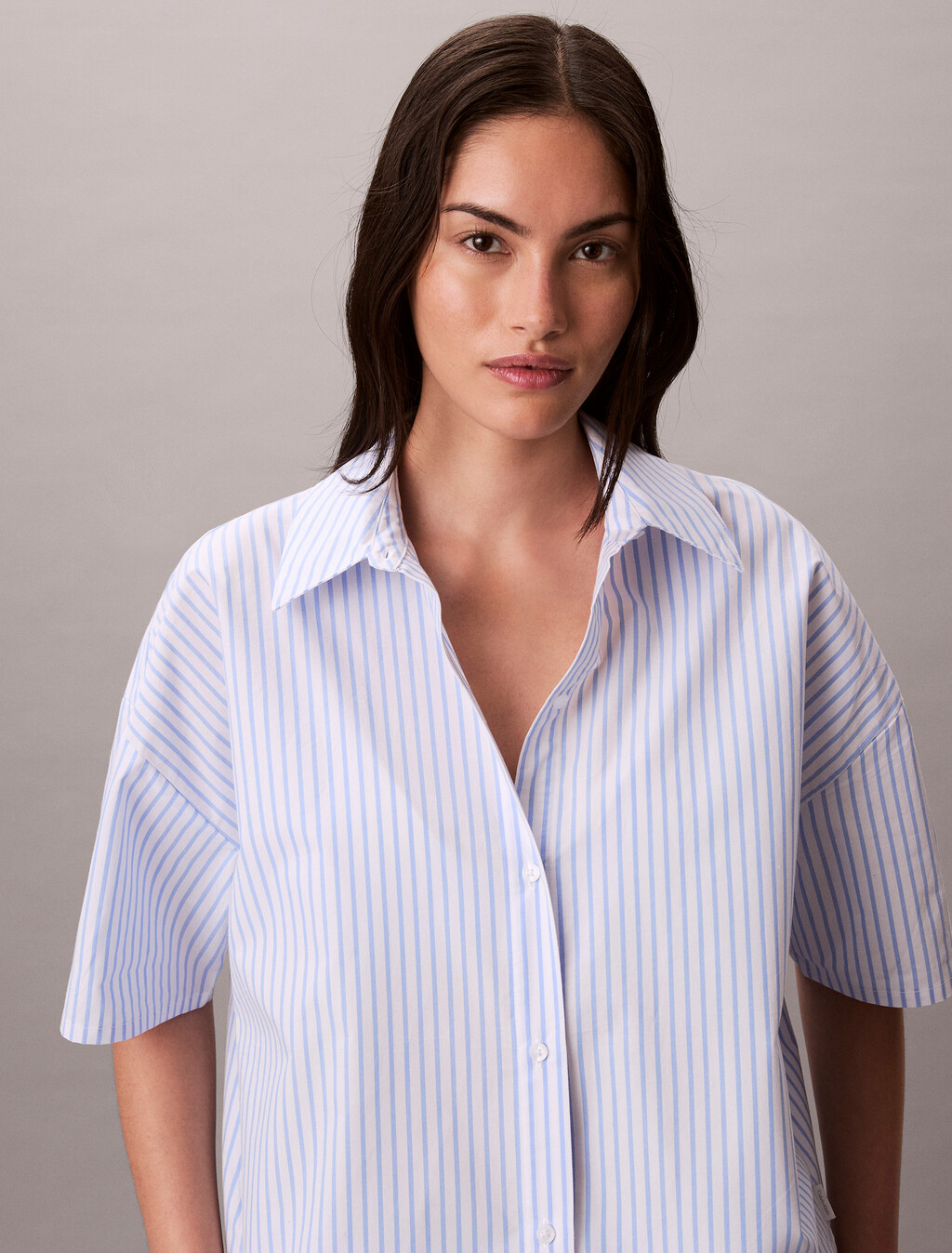 Cotton Poplin Pyjama Button-Down Shirt, SERA STRIPE BLUE DESCENT, hi-res