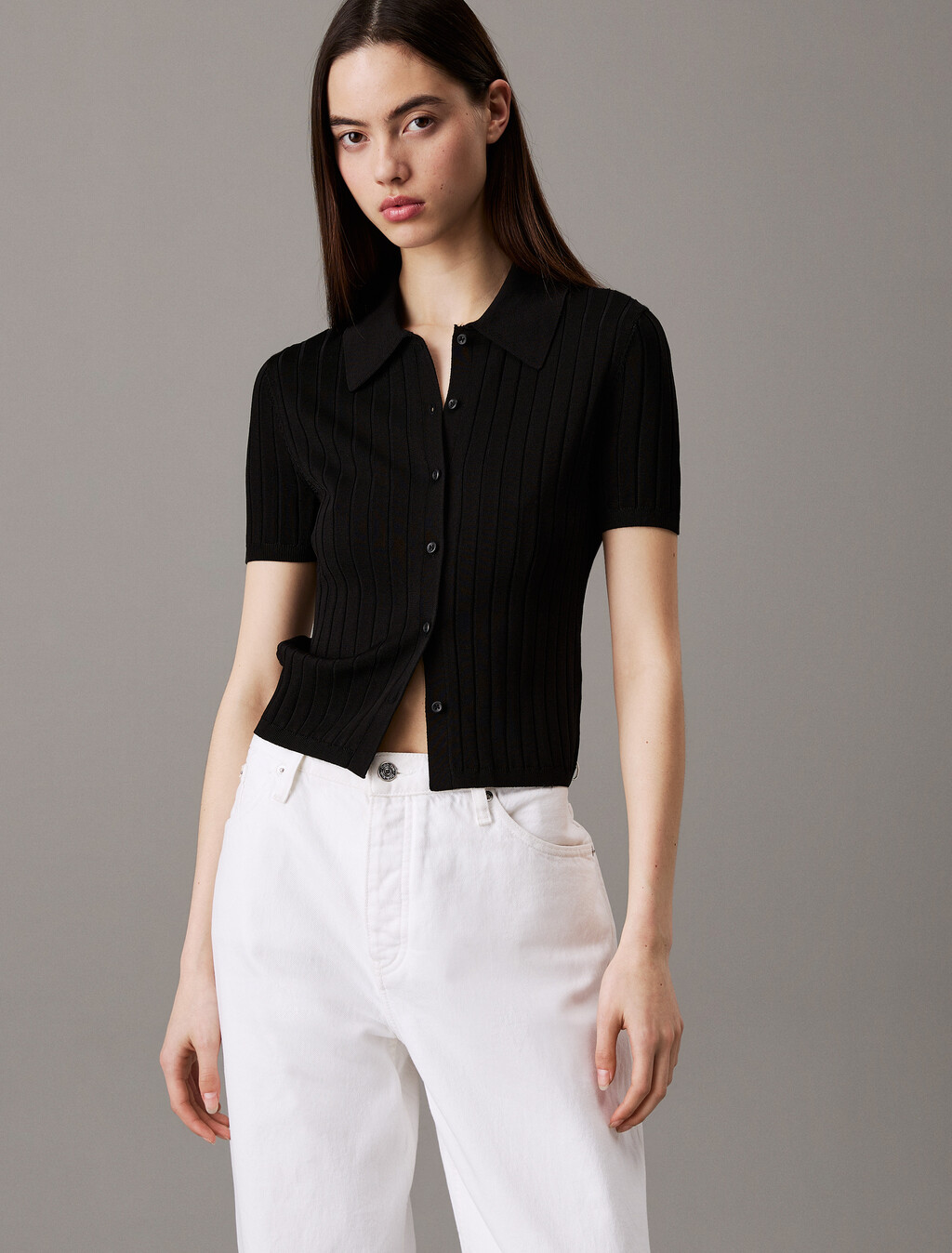 Silky Cropped Baby Polo Shirt, Black, hi-res