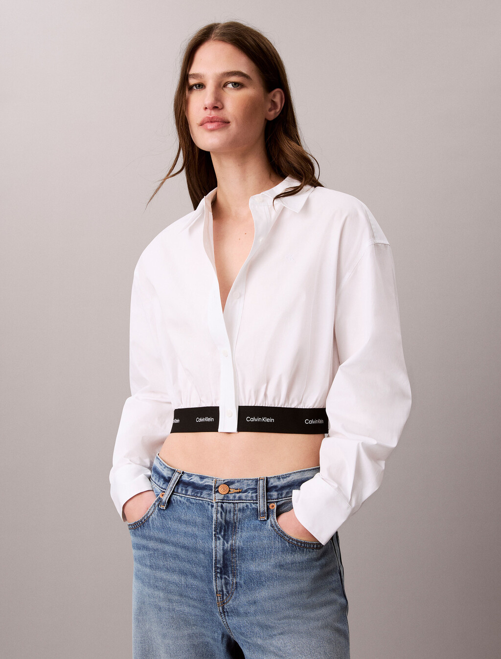Logo Waistband Cropped Shirt, Bright White, hi-res
