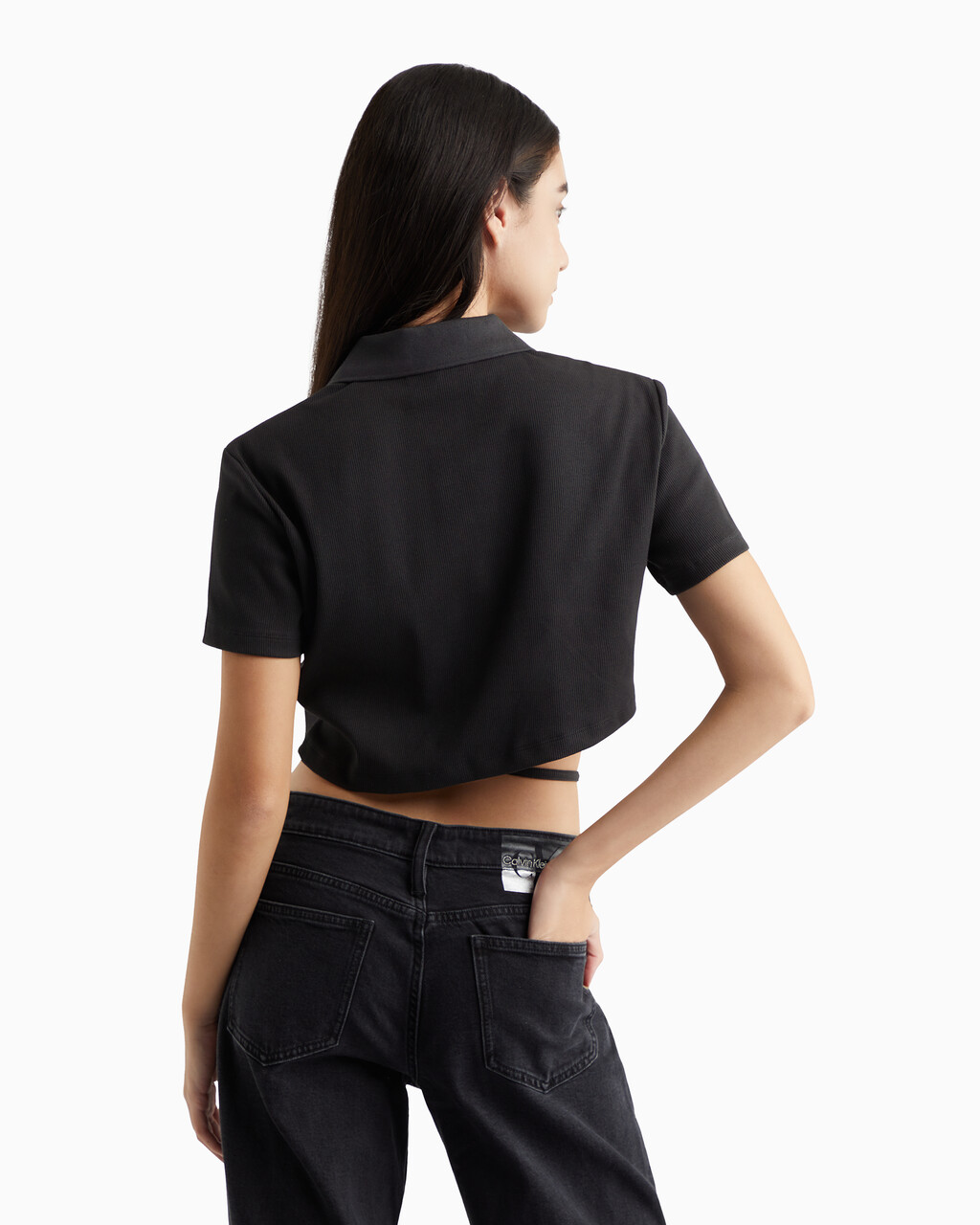Modern Metals Cropped Polo Shirt With Logo Charm, Ck Black, hi-res