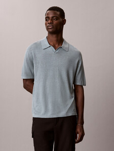 Linen Blend Open Collar Polo Shirt, Frosted Spruce, hi-res