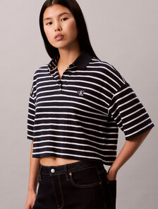 Stripe Cotton Pique Cropped Polo, Dark Sapphire, hi-res