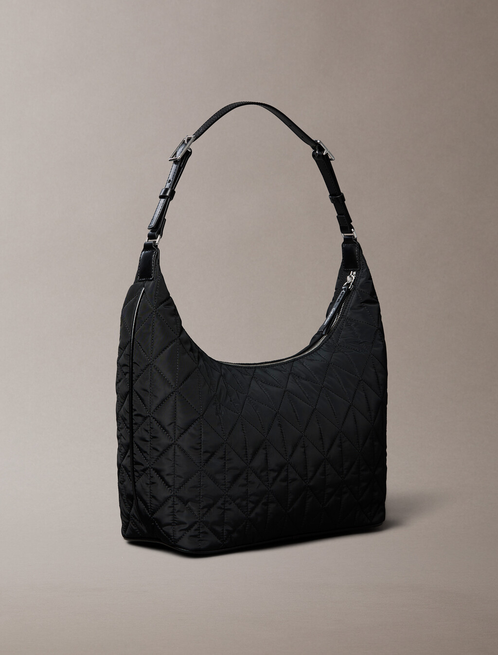 Quilted Emblem Nylon Shoulder Bag, Black, hi-res