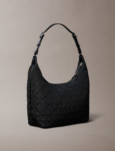 Quilted Emblem Nylon Shoulder Bag, Black, hi-res