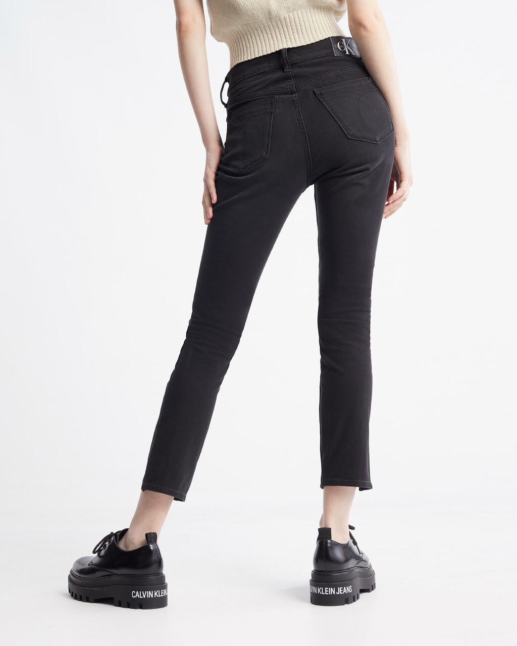 Ultimate Stretch High Rise Skinny Black Ankle Jeans, Washd Black Twisted Side Seam Split, hi-res