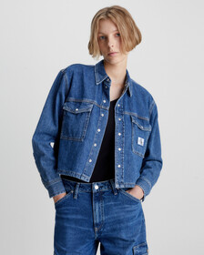 CROPPED DENIM SHIRT JACKET, Denim Dark, hi-res