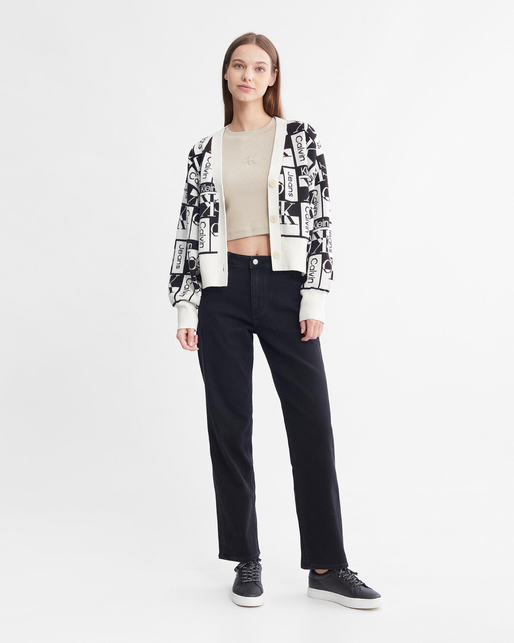 V Neck All Over Logo Cropped Cardigan, Ivory, hi-res