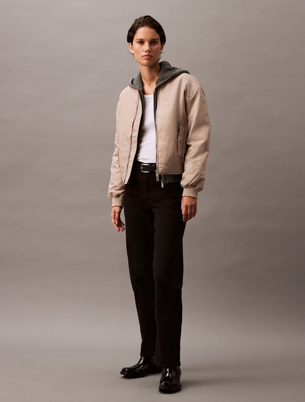 Padded Nylon Bomber Jacket, Goat, hi-res