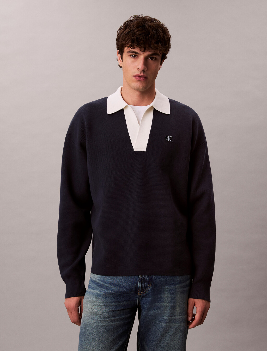 Cotton Relaxed Johnny Collar Sweater, Dark Sapphire, hi-res