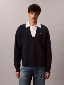 Cotton Relaxed Johnny Collar Sweater, Dark Sapphire, hi-res