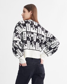 V Neck All Over Logo Cropped Cardigan, Ivory, hi-res