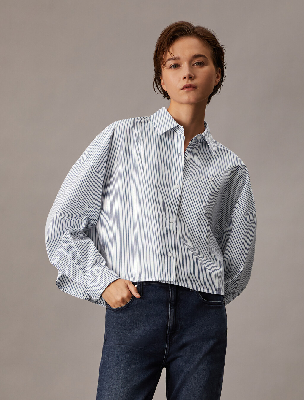 Cropped Stripe Shirt, Chambray Blue / White Stripe, hi-res