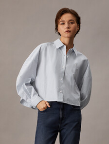 Cropped Stripe Shirt, Chambray Blue / White Stripe, hi-res