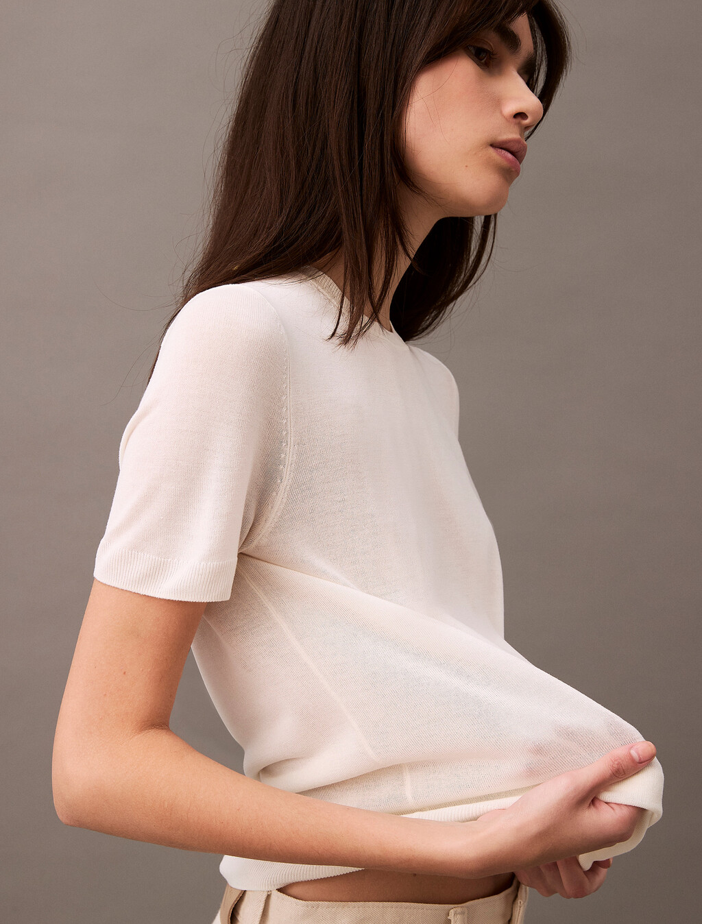 Fine Gauge Viscose Short Sleeve Sweater, Vanilla Ice, hi-res