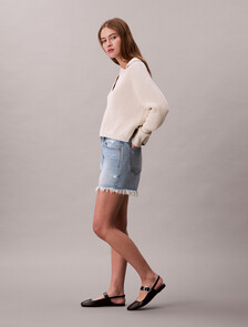 90s Relaxed Frayed Denim Shorts, BARDOT BLUE, hi-res