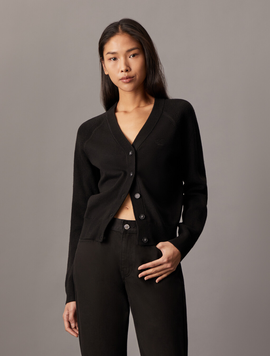 V Neck Rib Knit Cardigan, Ck Black, hi-res