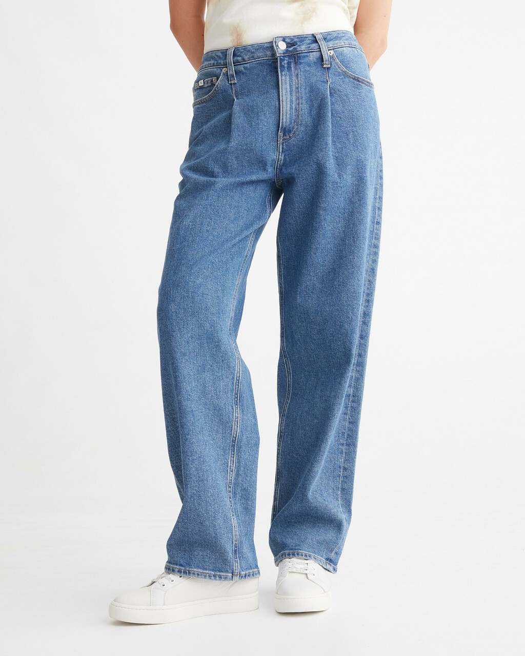 RECONSIDERED 90S STRAIGHT RECYCLED COTTON JEANS, Mid Blue Pleated, hi-res
