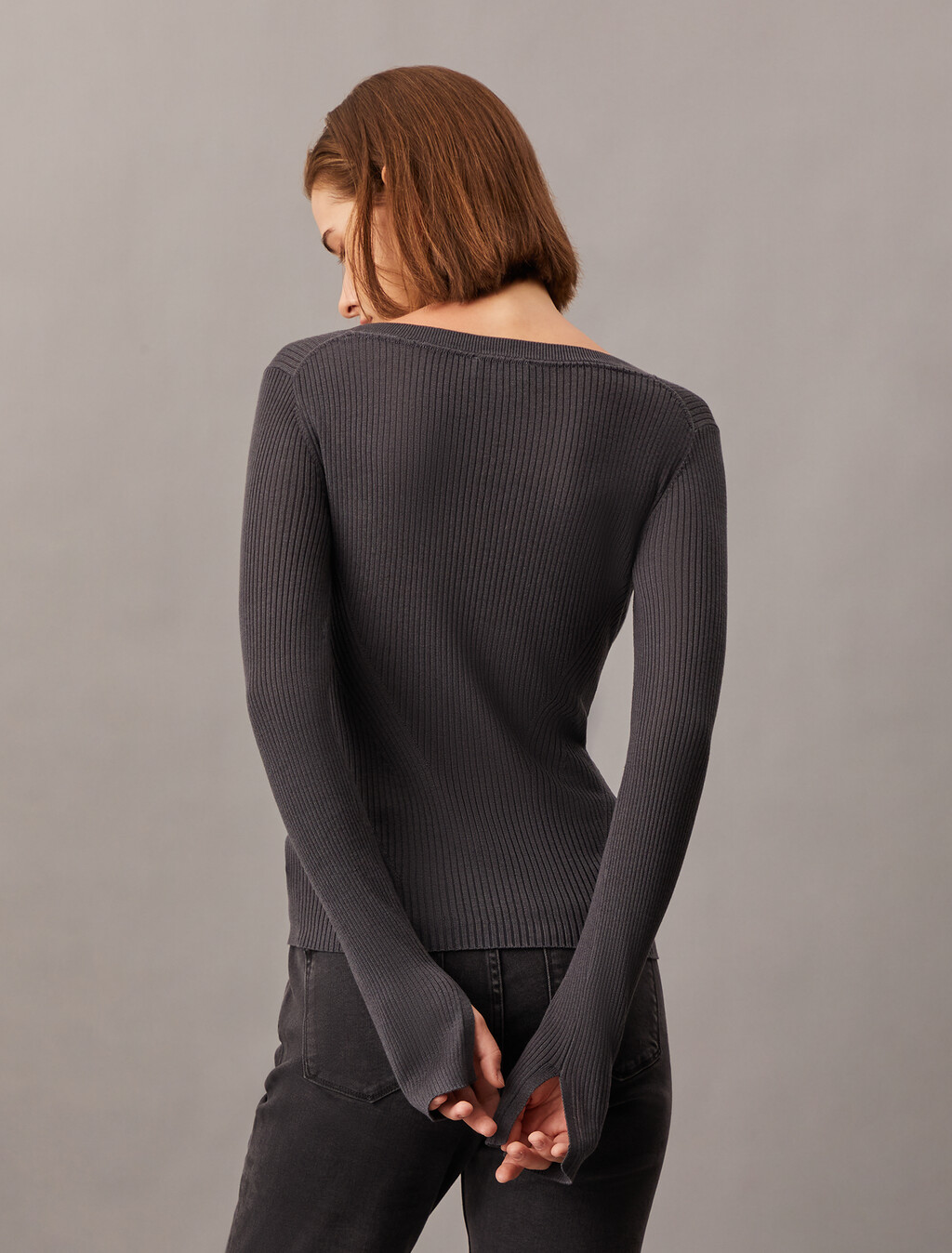 Rib Knit Slim Knit Top, Ebony, hi-res