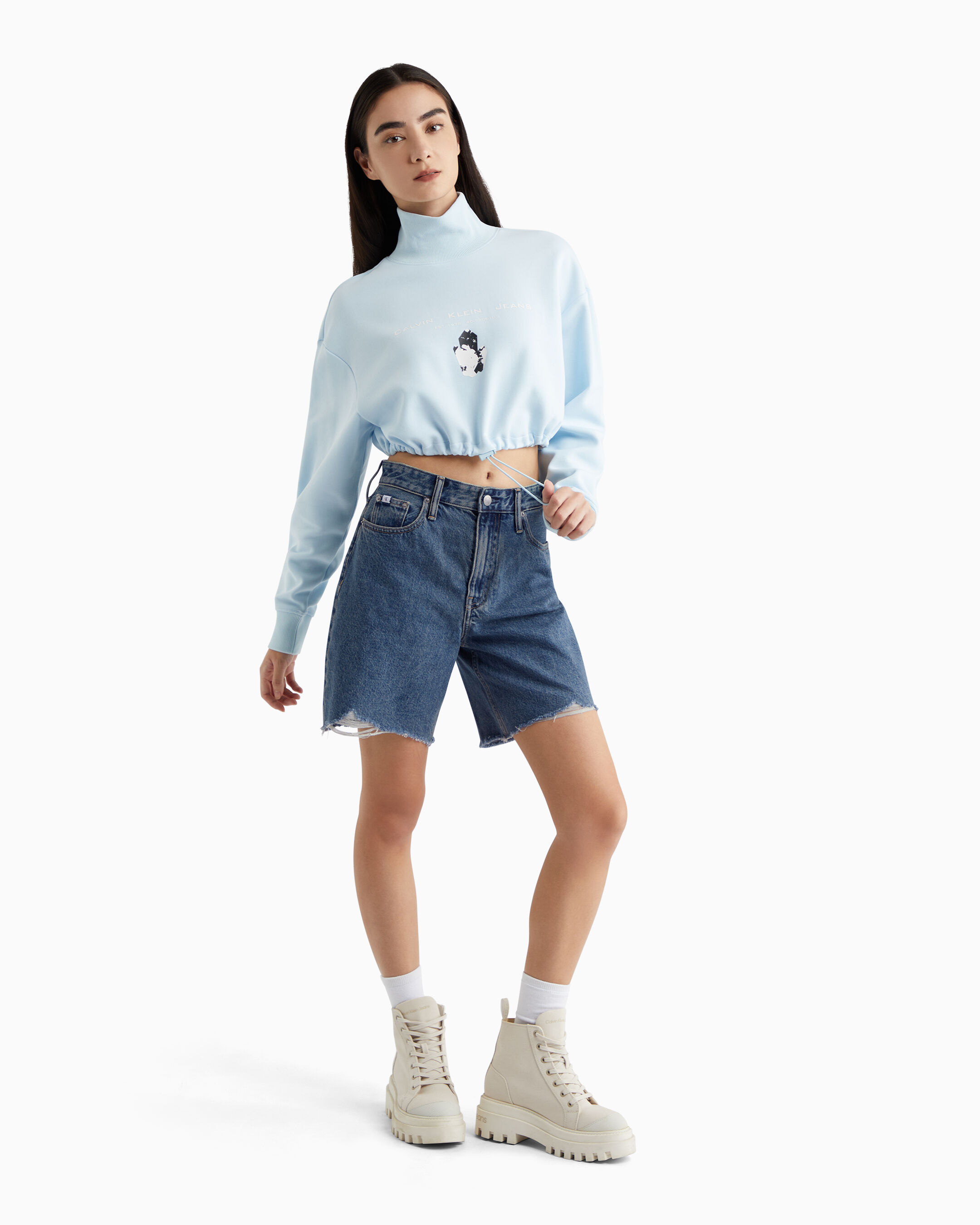 White and online blue denim shorts