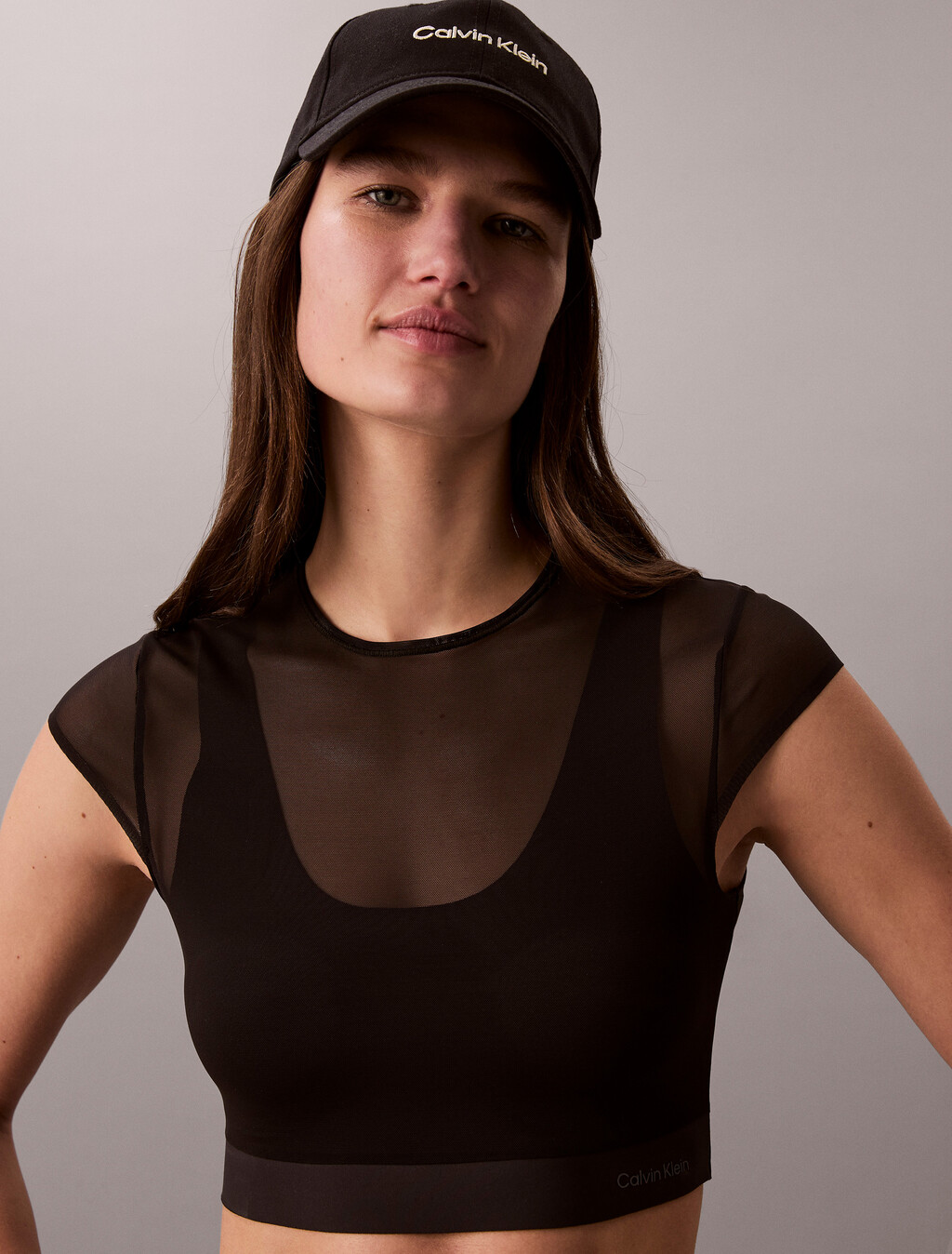 Cropped Performance Mesh Sports Bra Top, Black, hi-res