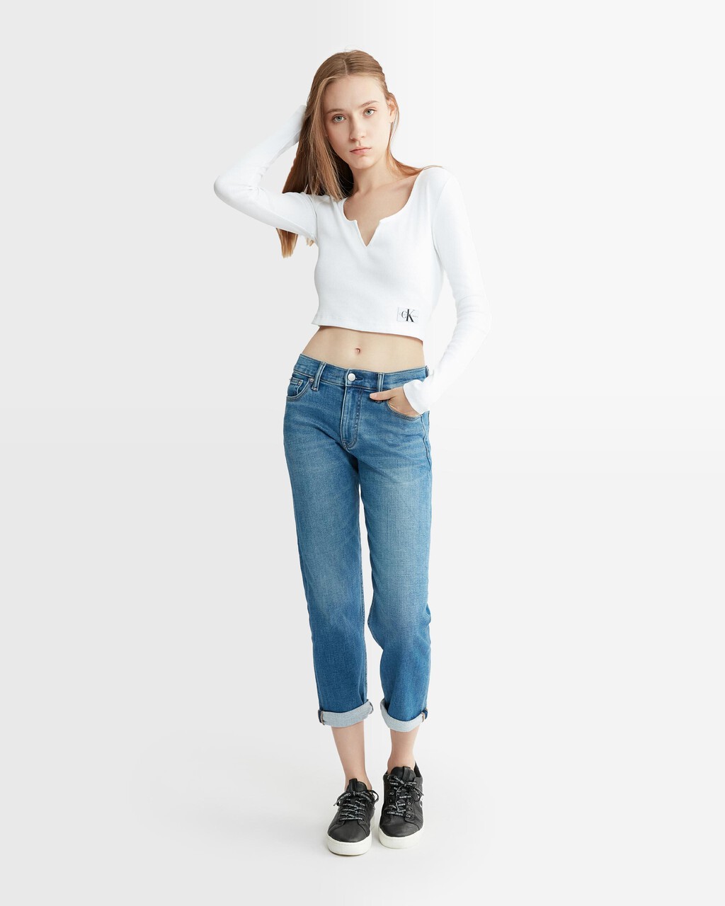 Slim Ribbed Long Sleeve Top, Bright White, hi-res
